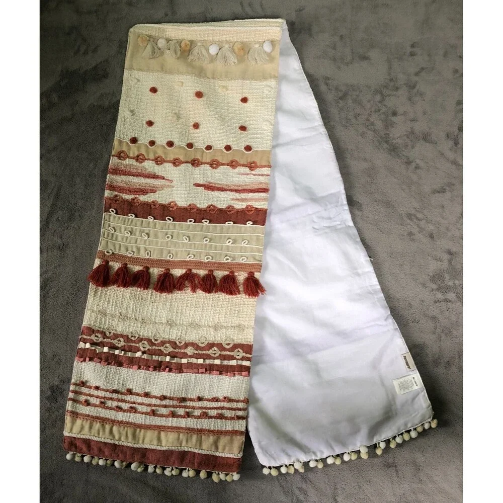 Pier 1 Imports Table Runner BOHO White Tan Rust Ball Fringe 72 x 13 in India